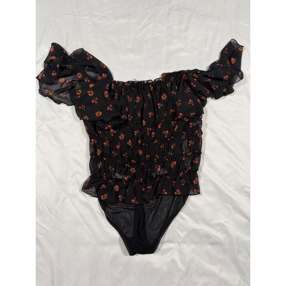Free People Intimately Black Floral Off Shoulder Smocked Mesh Bodysuit Medium